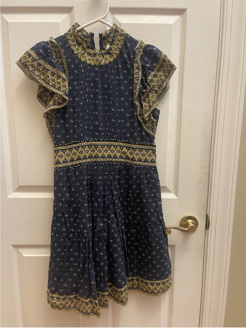 Sea New York Navy Dress with Gold Trim and Ruffled Sleeves